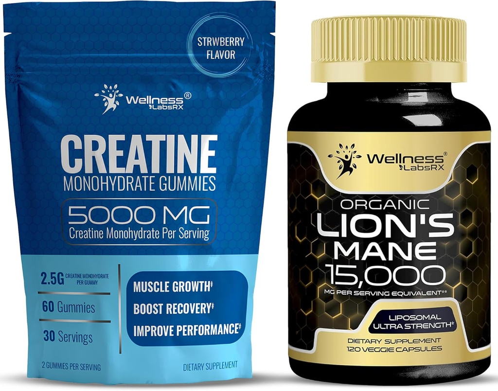 WELLNESS LABSRX Lions Mane Supplement Capsules - Creatine Gummies 5000mg