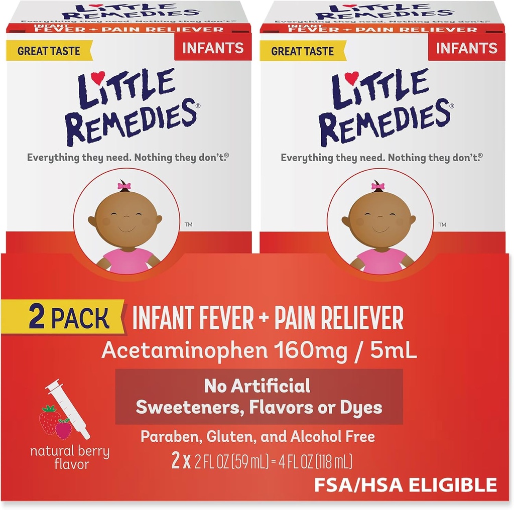 Remedios Pequeños Fiebre infantil &amp; Dolor, Sabor de Berry natural, 2 Fl Oz (Pack of 2)