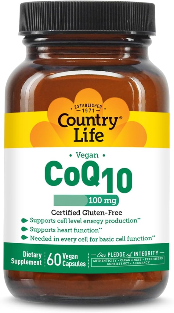 Country Life Sencillamente CoQ10 100mg – Soporta Función cardíaca " Energía celular, Softgeles veganos, libre de gluten certificado, suplemento no transgénico, 60 ct – Soporte de salud cardiovascular