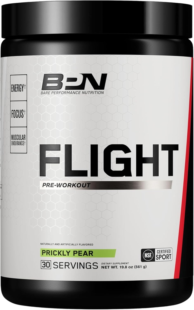 BARE PERFORMANCE NUTRITION BPN Flight Pre Workout, Supports Energy and Mental Focus, Mejora de la resistencia y bombas musculares con CarnoSyn® Beta Alanine, Prickly Pear, 30 Servings
