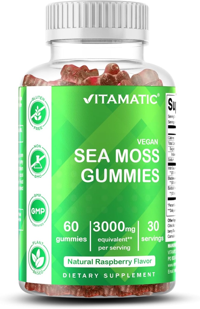 Vitamatic Irish Sea Moss Gummies – 3000mg Equivalent Por Serving (de Extracto 132.5mg) – 60 Ct Made with Bladderwrack & Burdock Root – Seamoss Supplement for Thyroid, Energy &amp; Immune Support