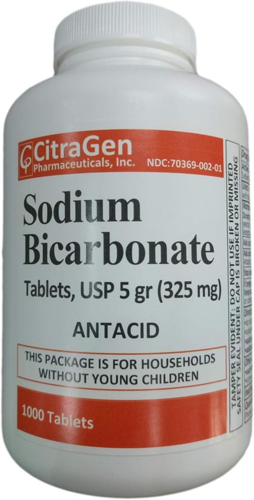Sodium Bicarbonate Tablets USP 325 mg (5 Grains) for Relief of Acid Indigestion, Heartburn, Sour Stomach & Upset Stomach 1000 Tablets per Bottle by CitraGen Pharmaceuticals Inc