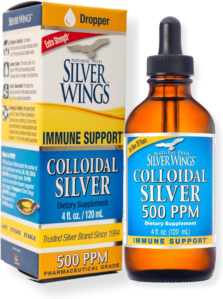 Natural Path Silver Wings - Colloidal Silver 500 ppm - Suplemento Mineral Puro - Immune Support for Your Family - Powerful Healing Without a Bad Taste (4fl oz/120ml)