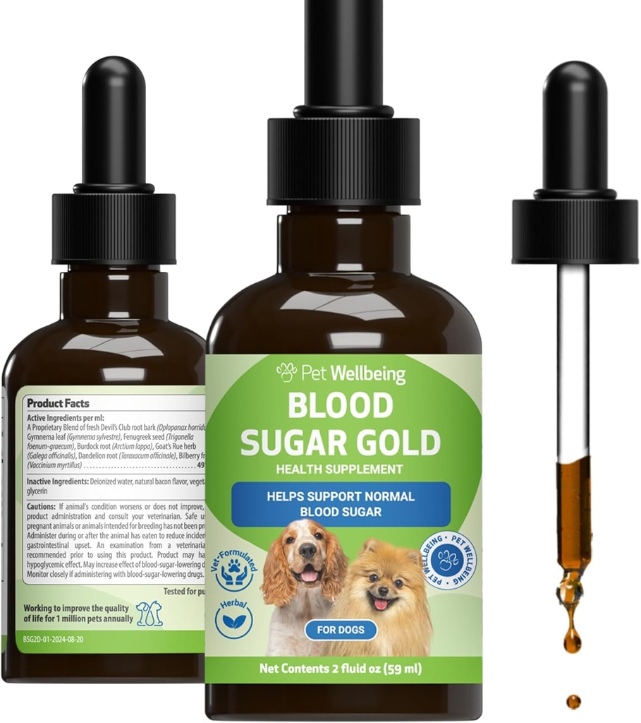 Pet Wellbeing Blood Sugar Gold Dogs - Holistic Blood Sugar Support, Pancreas " Liver Health, Gymnema, Fenugreek " Devil’s Club - NASC Certified " Vet-Formulated - 2 oz Liquid