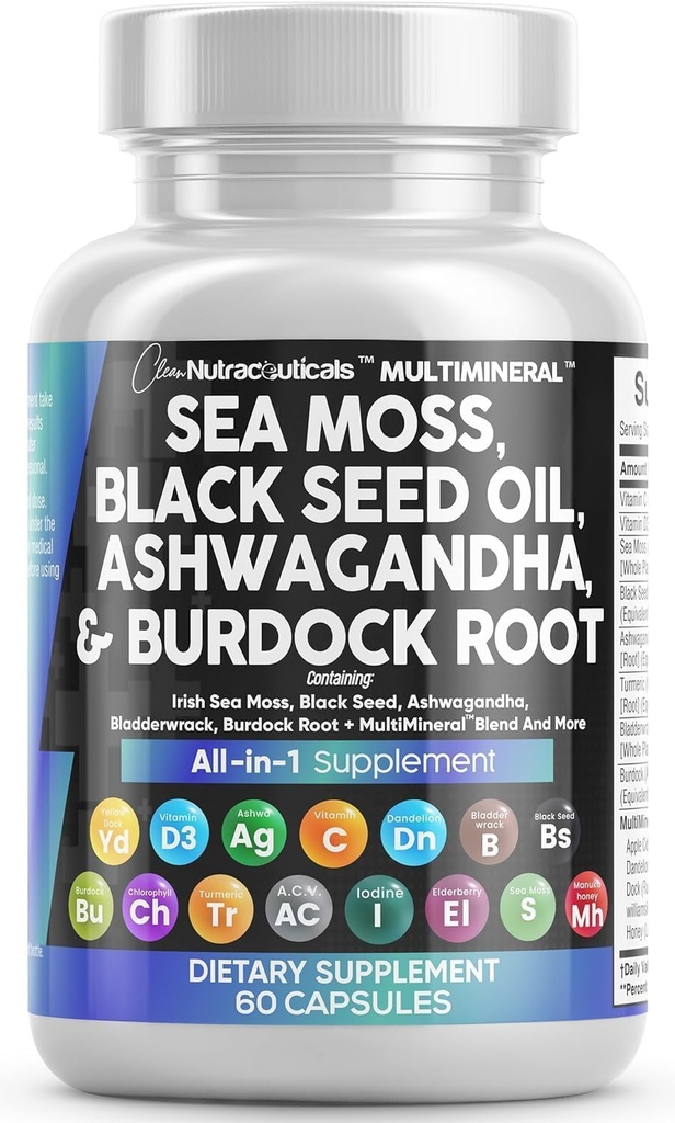 Nutracéuticos limpios Moss Mar Negro Semilla Aceite Ashwagandha Turmeric Bladderwrack Burdock & Vitamina C Vitamina D3 con Elderberry Manuka Dandelion Amarillo Dock Iodine Chlorophyll ACV