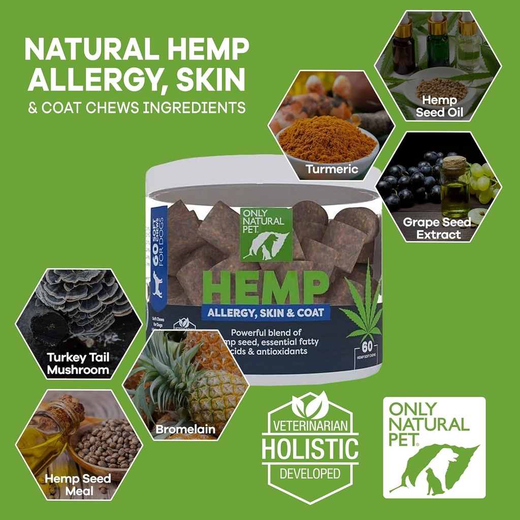 Sólo alergia natural de mascotas, piel y cáñamo de cáñamo Soft Chews - Allergy Immune Bites for Dogs, Omega 3 Suplemento, Calming Treats for Itchy Skin Relief, Hot Spot - (60 Count) (AL.)