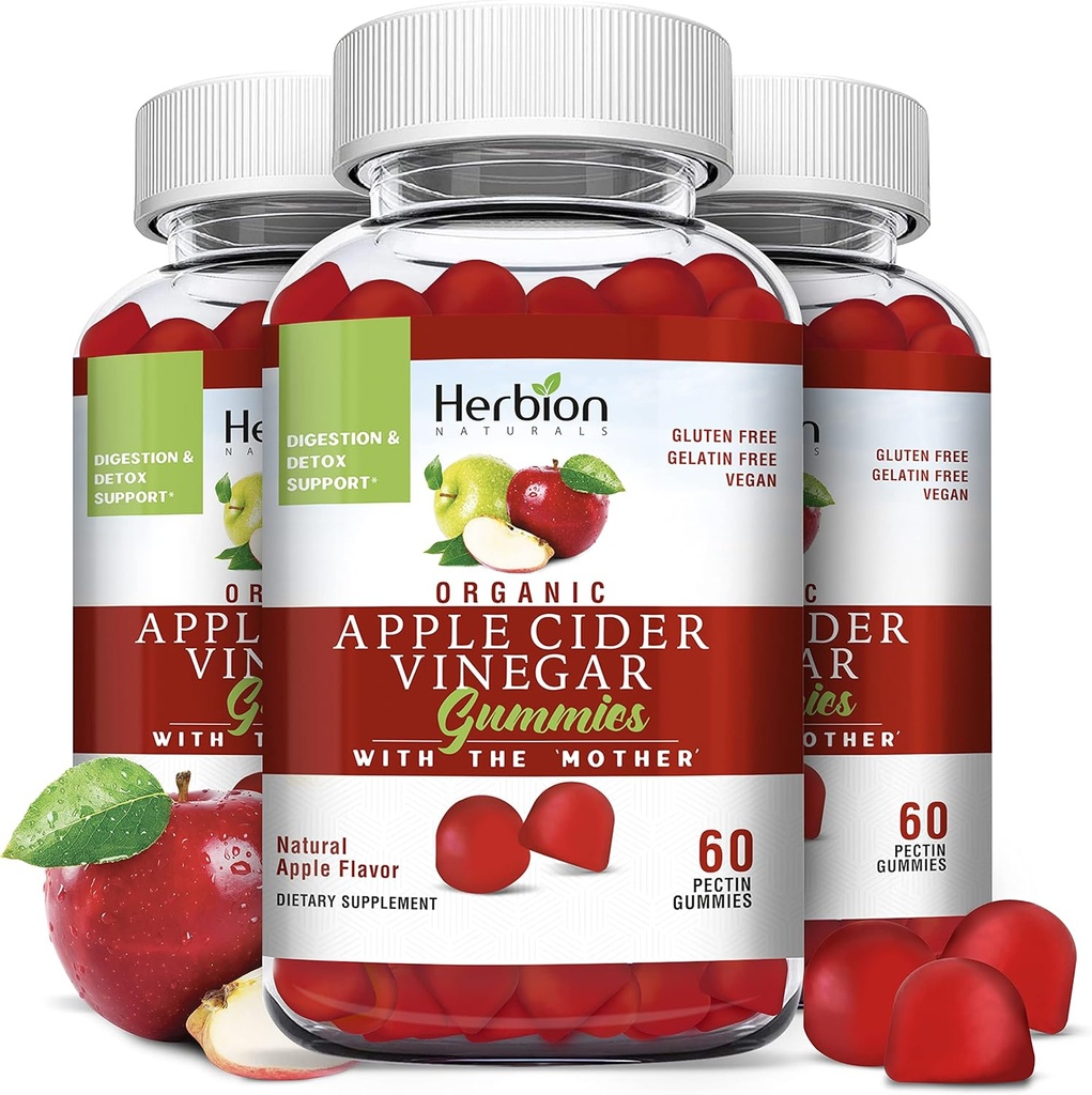 HERBION Naturals Manivelas ecológicas de vinagre de manzana orgánica con la “Madre”, la digestión y el apoyo de detox, con base de pectina, vegano, hecho en los EE.UU. - (Pack de 3, 180 Gummies)