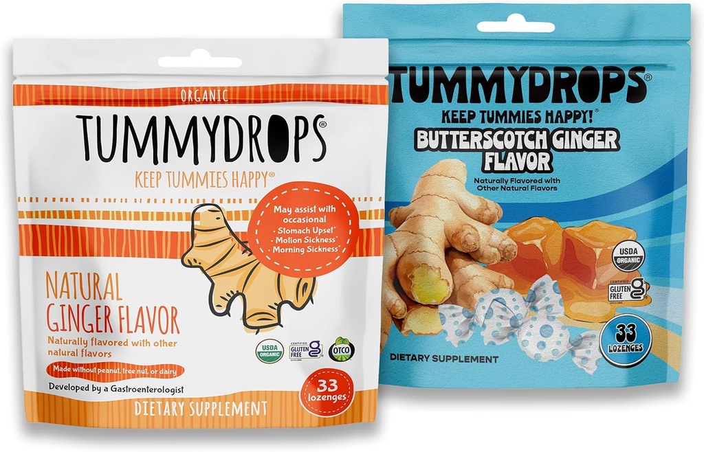 Tummydrops Organic Ginger Bundle, 1 Bag Each of Natural Ginger & Vegan Butterscotch Ginger, Gluten Free, USDA Organic, Vegan