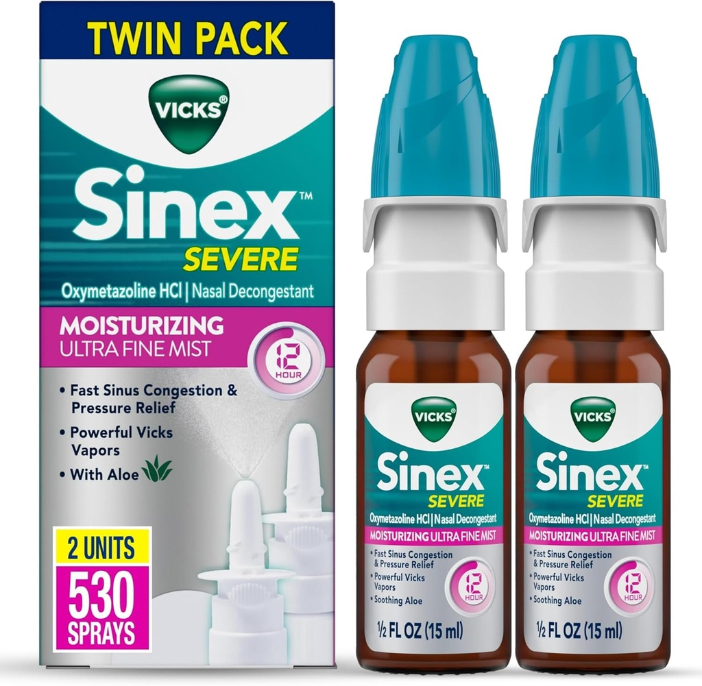 Vicks Sinex Severe Nasal Spray, Moisturizing Ultra Fine Mist with Aloe, Decongestant Medicine, Relief from Stuffy Nose Debido a frío o alergia, Nasal Congestion & Sinus Pressure Relief, 265 Sprays x 2