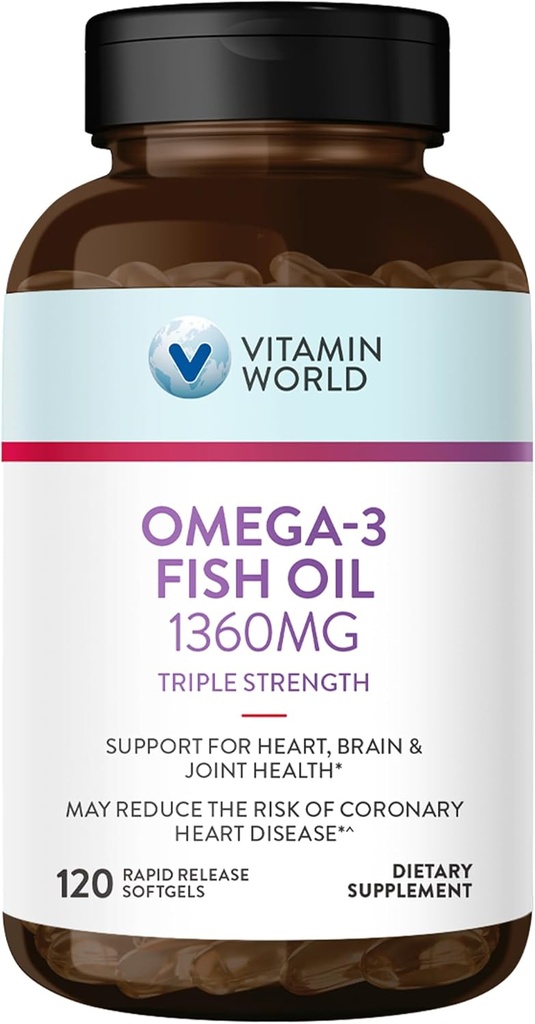 Vitamina World Triple Strength Omega 3 Fish Oil 1360 mg Suplemento, 950 mg Active Omega-3 Fatty Acids with EPA & DHA, Supports Heart, Brain & Joint Health, Gluten Free, 120 Softgels, 4 Months Supply