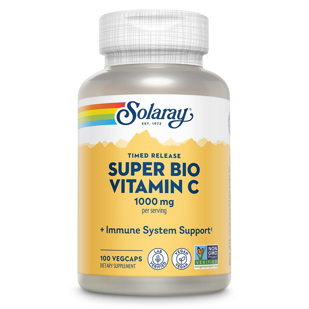 SOLARAY Super Bio Vitamina Buffered C 1000mg, Dos etapas, Timed Release Vitamin C with Bioflavonoids, Immune Support Supplement - High Absorption, Vegan, 60 Day Guarantee, 50 Servings, 100 VegCaps