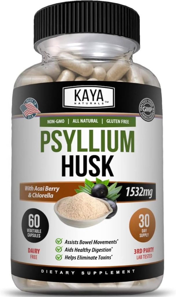 Kaya Naturals Psyllium Husk Capsules - 60 Conde peru High Fiber Suplemento Silencio Digestive Health & Regularity TEN Gluten-Free, Non-GMO