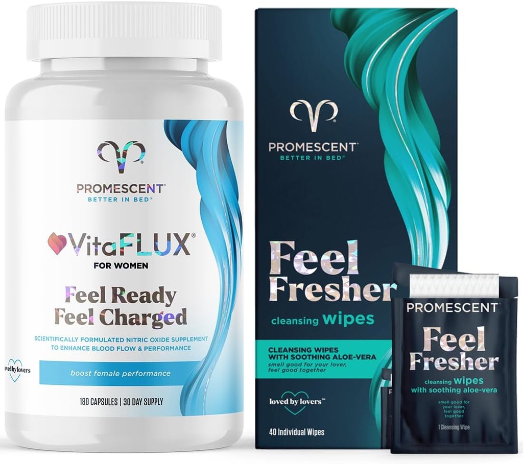 Promescent VitaFLUX Nitric Oxide Booster Suplemento + Flushable Wipes para adultos, limpieza personal Higienic Wet Wipes para hombres y uso femenino
