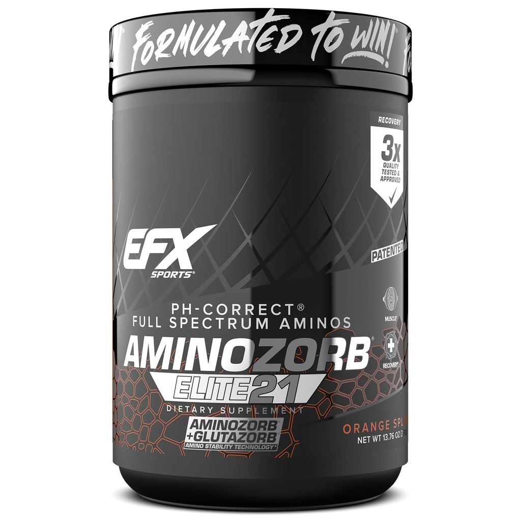 EFX Sports Aminozorb Elite 21 TENIDO PH-Correct, Full Spectrum Aminos + Glutamine ANTE Aminos esenciales " Non Essential Aminos TEN Zero Sugars ANTE 30 Servings (Orange Splash)