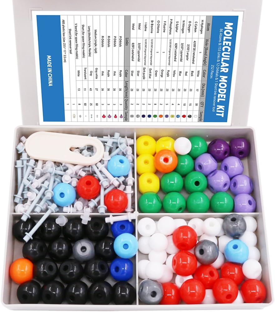Swpeet 240 Pcs Química Orgánica Modelo Molecular Student and Teacher Kit, Chemistry Molecular Model Student and Teacher Set - 86 Atoms &amp; 153 Bonds & 1 Short Link Remover Tool