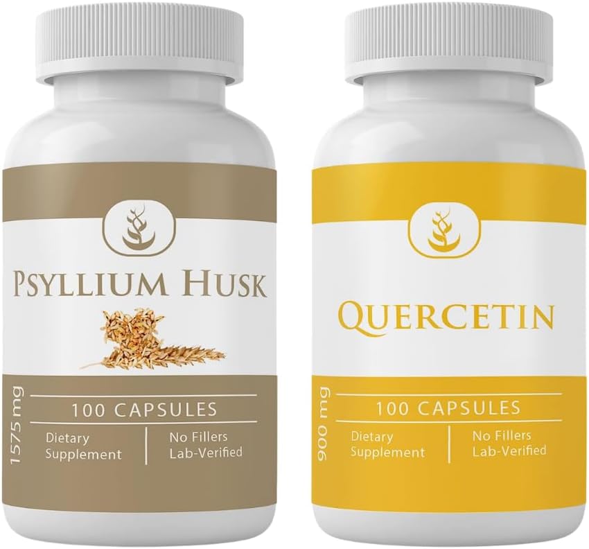 PURE ORIGINAL INGREDIENTES Psyllium Husk &amp; Quercetin Capsule Bundle (100 cápsulas cada uno), sin aditivos ni artillería, Lab Verified