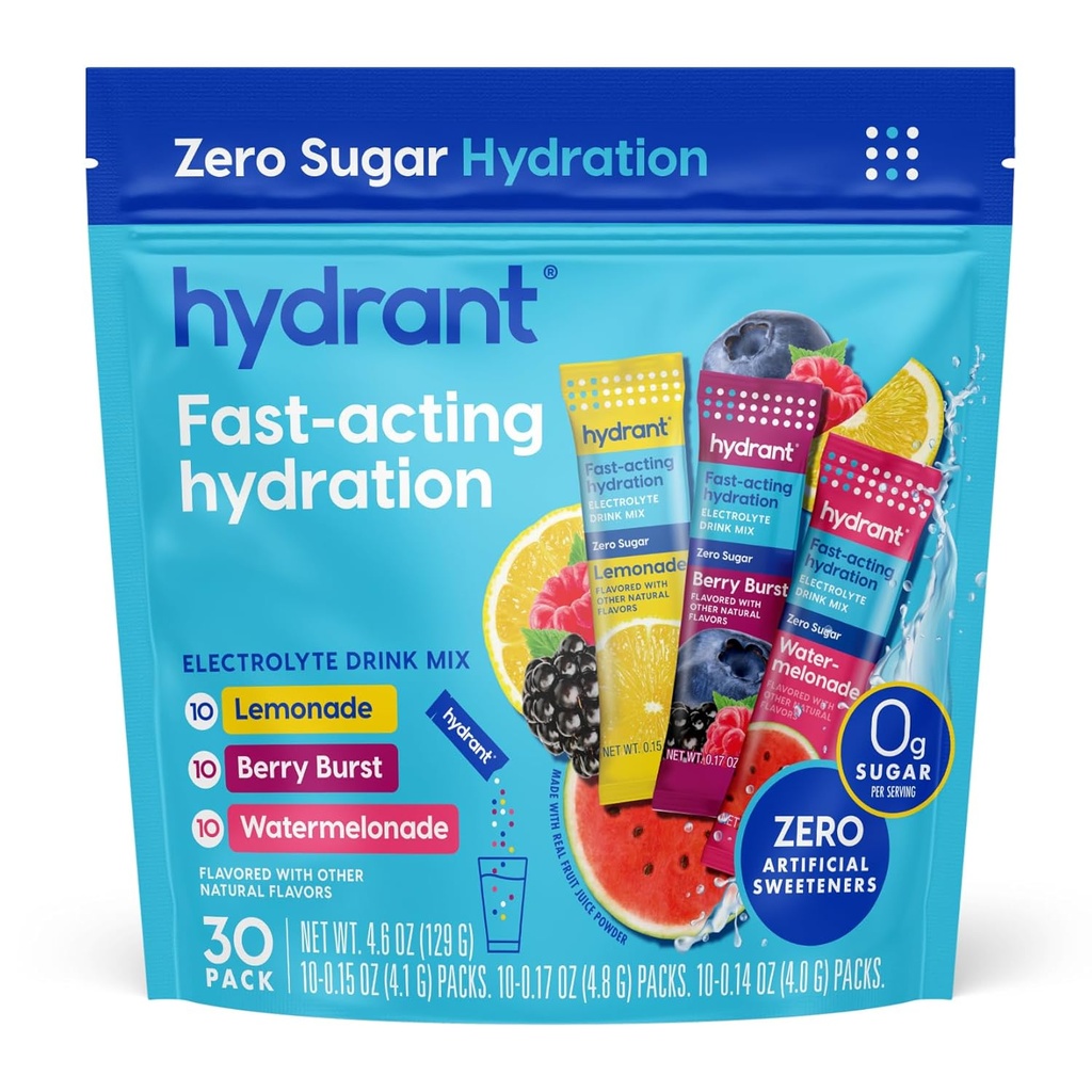 Hydrant - Hydration Powder Variety Pack, 30 Individual Sugar-Free Instant Electrolyte Rehydration Packets - Zero Sugar Drink Mix for Daily Use, Travel & Workouts