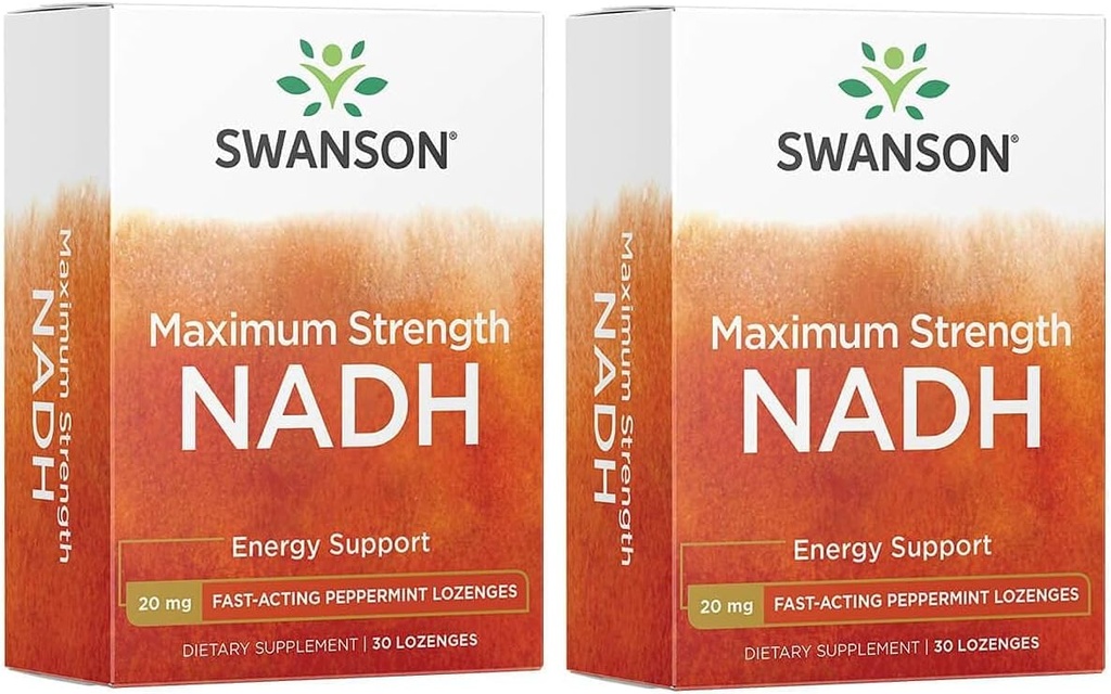 Swanson Maximum Strength NADH - Fast-Acting Peppermint Lozenges to Promote Brain Health and Energy Support - Vitamina B3 Coenzyme to Help Fight Fatigue - (30 Tablets, 20mg Cada) 2 Pack