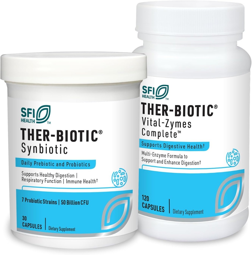 Klaire Labs Ther-Biotic Synbiotic Probiotic (30 Capsules) + Vital-Zymes Digestive Enzymes Bundle (120 Count) - Low-FODMAP Probiotic Supplement + Digestion Support Enzymes - 2 Product Set
