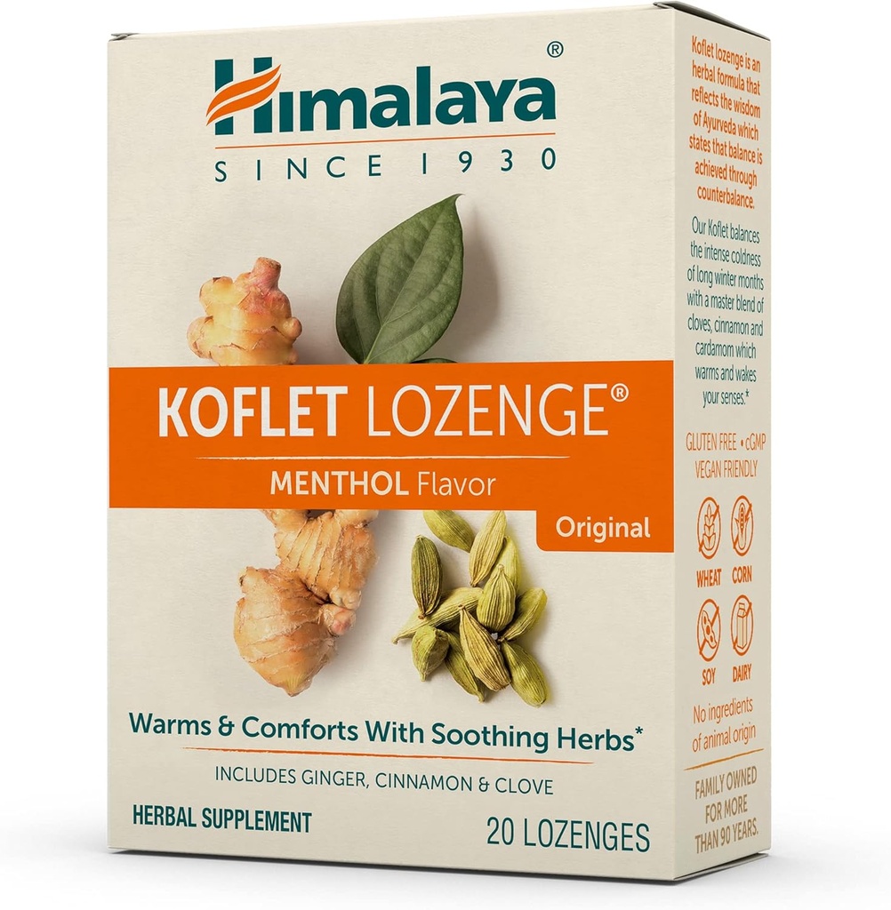 Himalaya Koflet Lozenges, Original Menthol Flavor, Natural Herbal Cough Drop for Warming Relief and Soothing Throat Comfort, 130 mg, 20 Lozenges