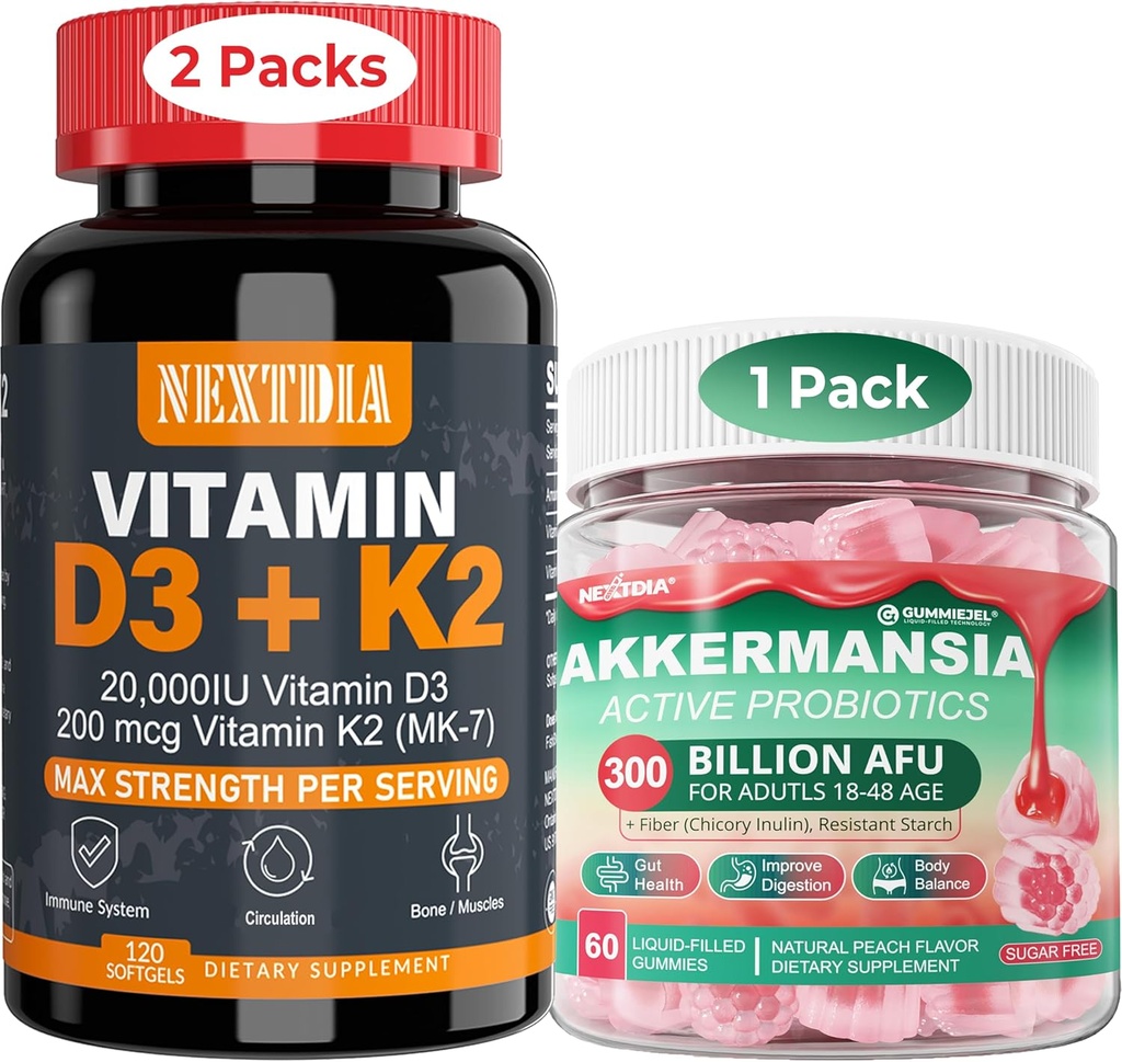 Vitamina D3 20.000 UI + K2(MK7) 200mcg Softgels + Akkermansia Probiotics Gummies with Prebiotics Fiber