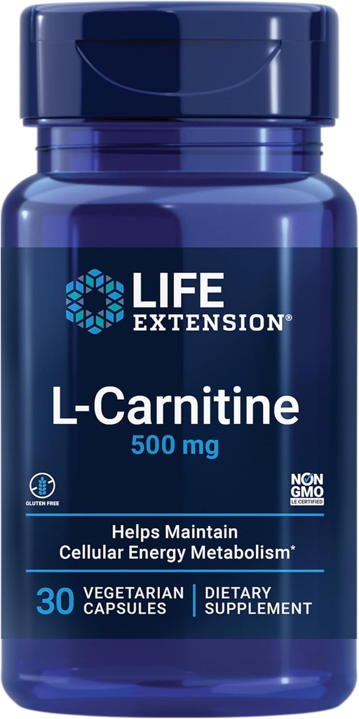 Extensión de vida L-Carnitina – 500 mg, Suplemento energético, Suplemento de memoria – Aminoácidos de forma gratuita, soporte de óxido nítrico, presión arterial saludable – Gluten-Free, No GMO, Vegetariano – 30 cápsulas