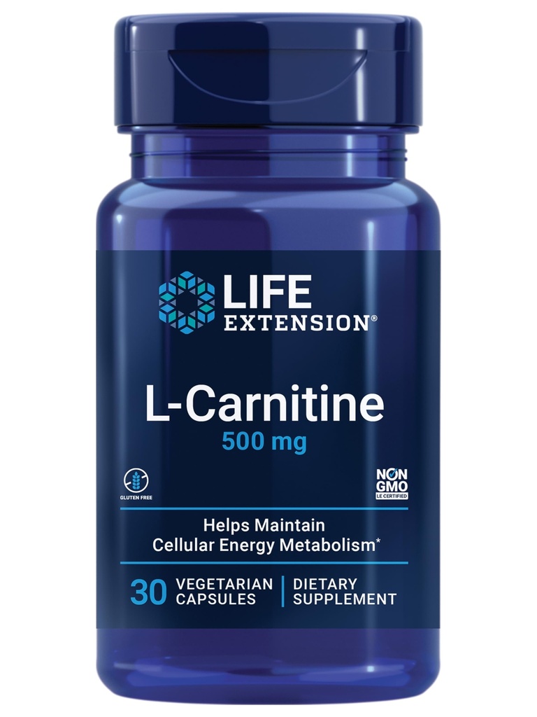 Life Extension L-Carnitine – 500 mg, Energy Supplement, Memory Supplement – Free Form Amino Acid, Nitric Oxide Support, Healthy Blood Pressure – Gluten-Free, Non-GMO, Vegetarian – 30 Capsules