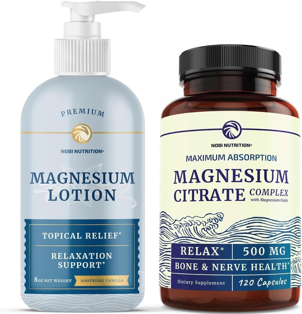 Loción de magnesio y suplemento de citrato de magnesio ← Soporte de magnesio corporal completo para el cuerpo y la mente con 8 Fl Oz Magnesio tópico Plus 2 meses de suministro