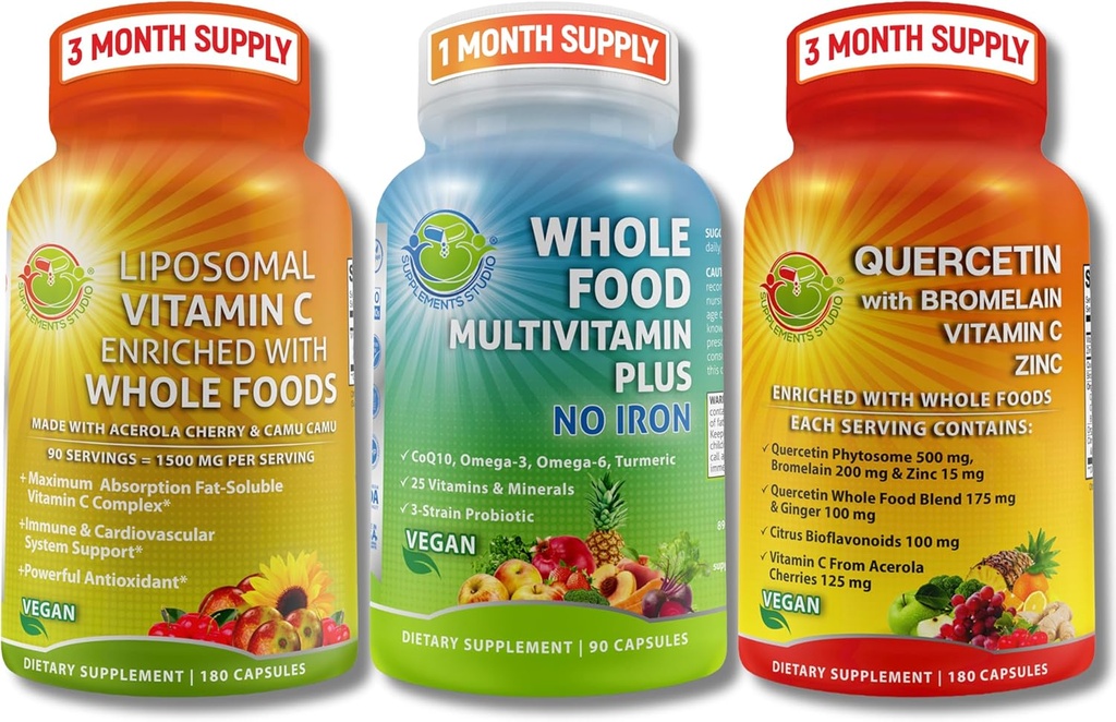 Vegan Immune & Antioxidant Support Bundle – Liposomal Vitamina C 1500mg con Acerola Orgánica &amp; Camu Camu + Quercetina 500mg con Bromelaina, Zinc &amp; Vitamina C + Vegan Whole Food Multivitamin Sin Hierro