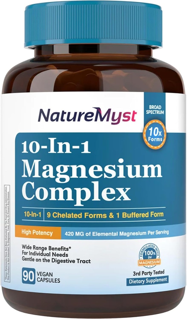 Magnesio Suplemento Complejo de Magnesio, 420mg Magnesio Elemental, 10 Formas de Absorción Magnesio Glycinate, Citrate, Malate, Taurate &amp; Más para el sueño, Nerve Health, Non-GMO, 90 cápsulas Vegan