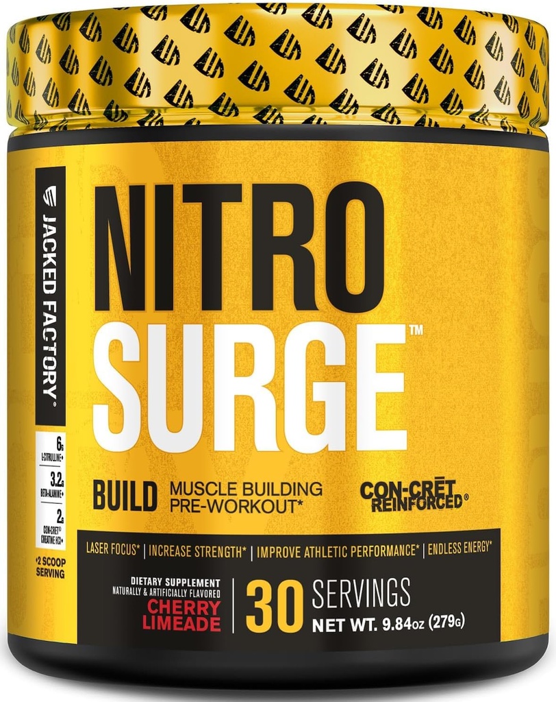 Gato de fábrica Nitrosurge Build Pre Workout with Creatine for Muscle Building - Con Cret Powder & elevATP Intens Energy, Powerful Pumps, Endless Endurance 30 Servings, Cherry Limeade