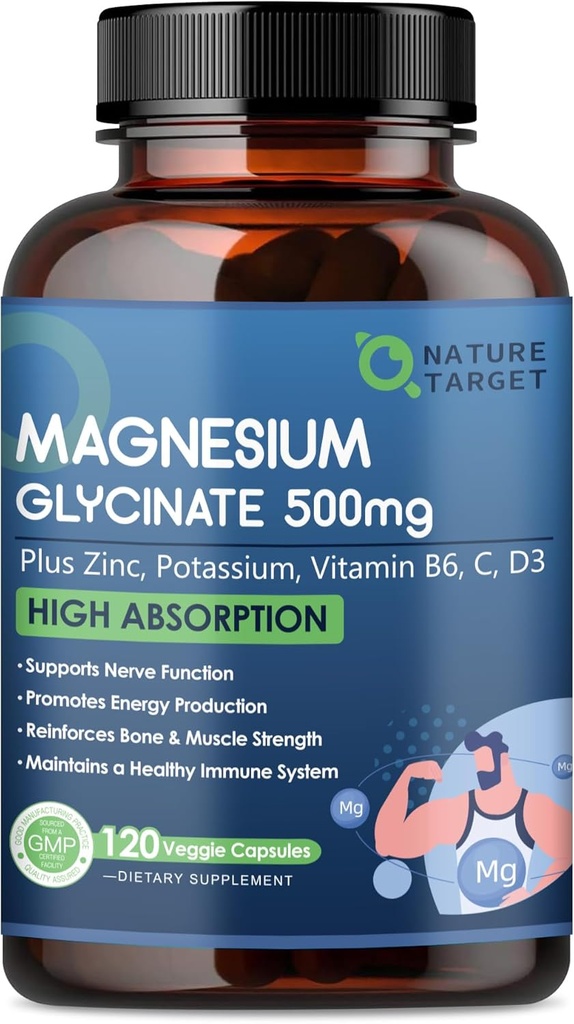 NATURE TARGET Magnesium Glycinate 500mg, Chelated Magnesium with Zinc &amp; Vitamin D3 for Muscle, Nerve & Bone, Support Heart Health & Leg Cramp, Strength Immune System - 120 Capsules