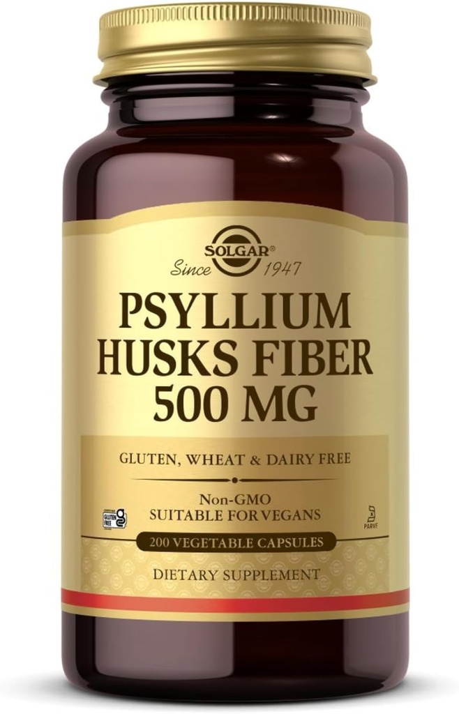 Solgar Psyllium Husks Fiber 500 mg - 200 cápsulas vegetales - No GMO, Vegan, Gluten Free, Dairy Free, Kosher - 100 piezas