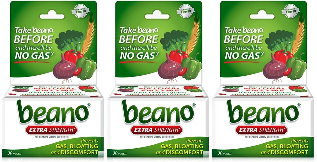 Beano Extra Strength, Suplemento de Enzyme Digestivo, Previene Gas, Bloating and Discomfort (Packaging May Vary) 30 Cuenta Cada (Pack of 3)