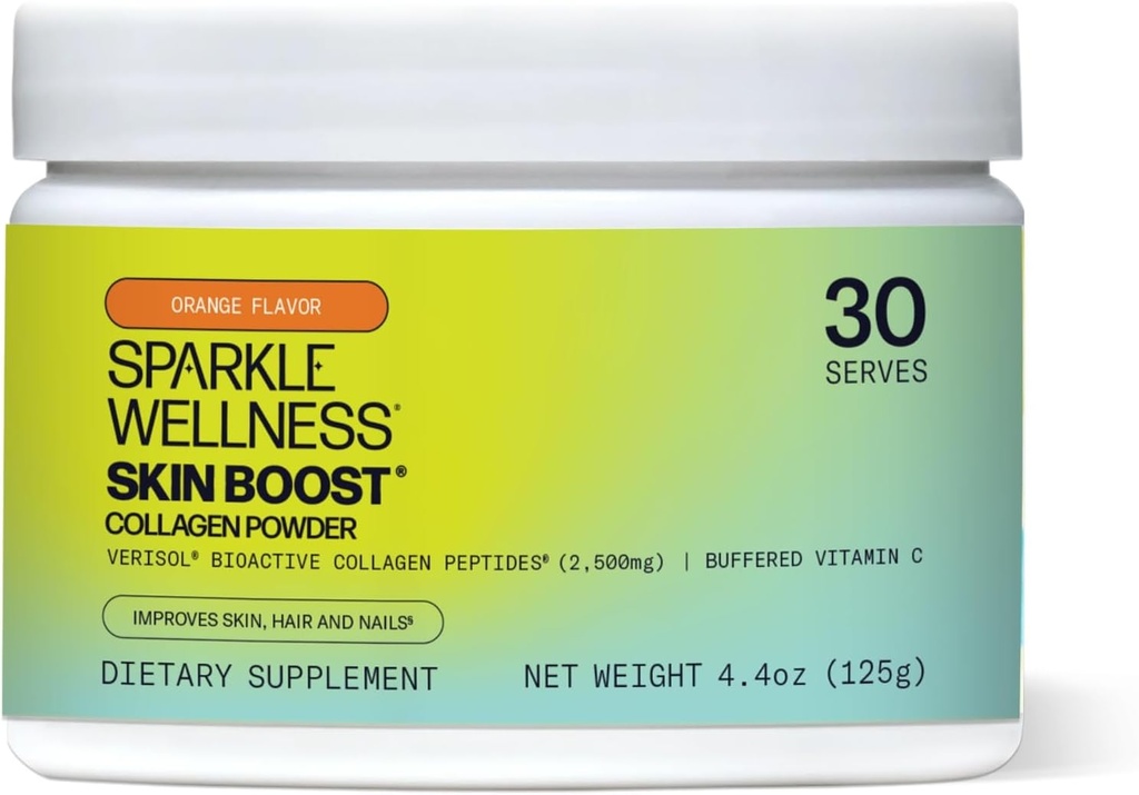 Sparkle Wellness VERISOL Bioactive Hydrolyzed Collagen Peptides  Collagen Powder Suplemento con Vitamina C para la piel, Hair &amp; Nail Health ← Skin Boost (Orange) [30-Serves]