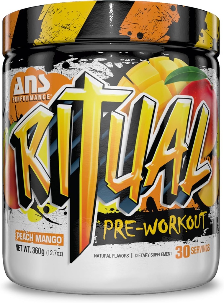 ANS Performance Ritual Pre Workout (30 Servings, 12.7 oz) - Full Preworkout Formula - Energy, Focus, &amp; Strength - Aumentar el rendimiento de potencia y el volumen de entrenamiento - resistencia & resistencia (Peach Mango)