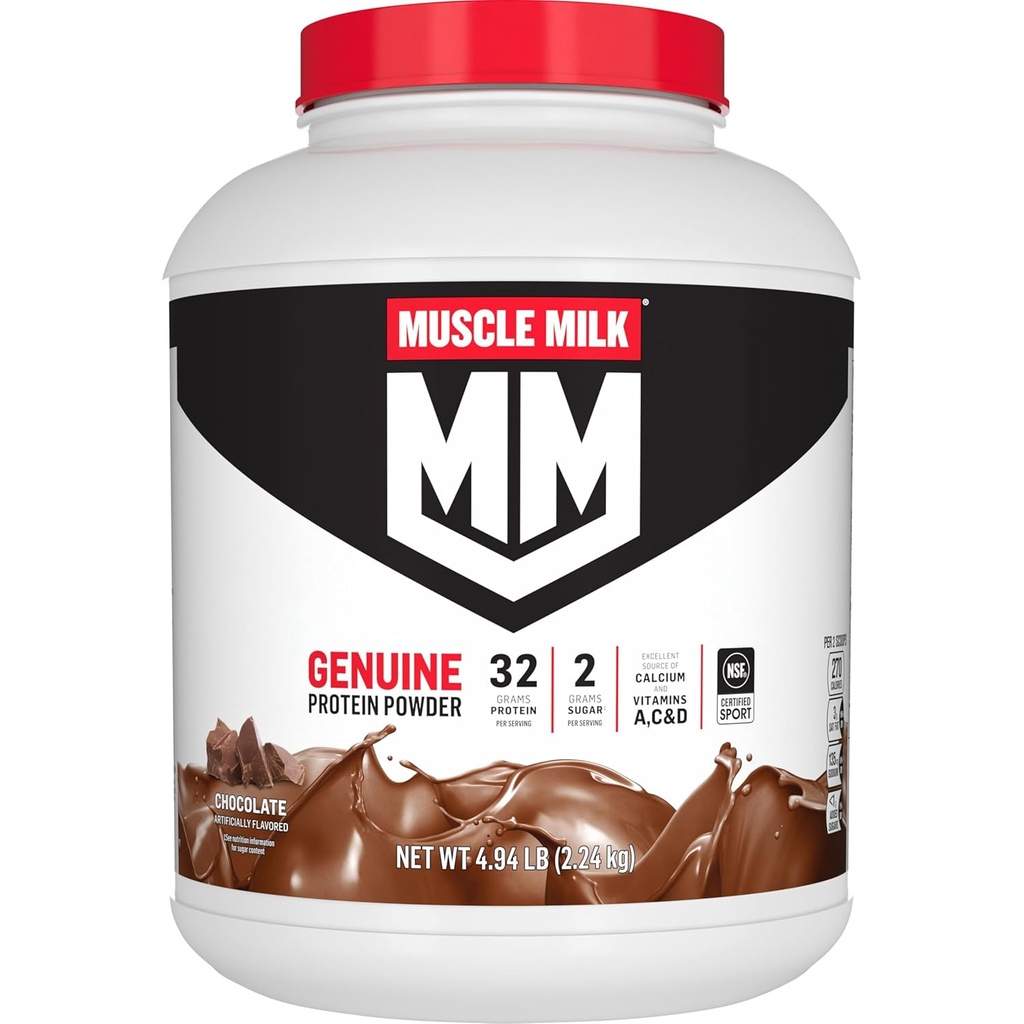 Muscle Milk Genuine Protein Powder, Chocolate, 4.94 Libra, 32 Servimientos, 32g Proteína, 2g Azúcar, Calcio, Vitaminas A, C & D, NSF certificada para Deporte, Energizante Snack, Embalaje Mayo Vary