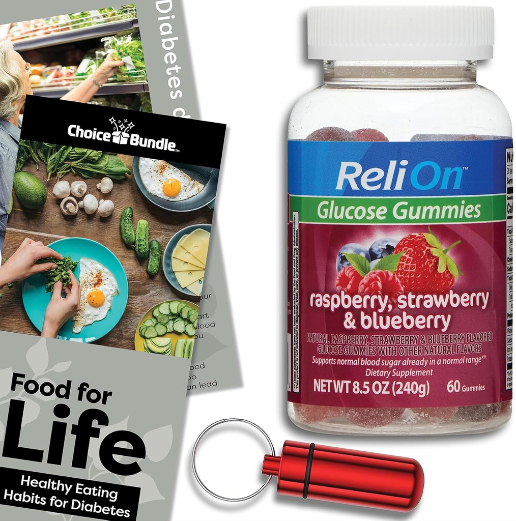 Elija el aventón Glucose Gummies Berry Flavor Gummy Suplemento dietético 60ct Incluye la guía de alimentos para la vida " Portable Pill Container (3 items)!