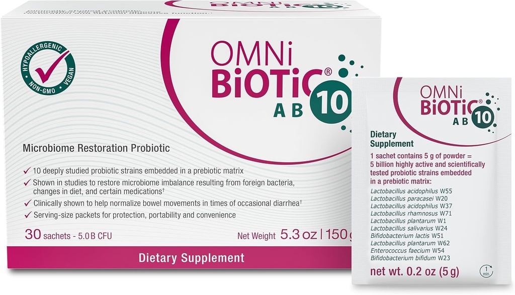 OMNi BiOTiC AB 10 - Probiótico Restaurativo probado clínicamente - Soportes & Restores Gut Flora & Digestión - Probiótico Digestivo para la diarrea - Vegan, Hipoalergénico, No GMO (30 Packets diarios)