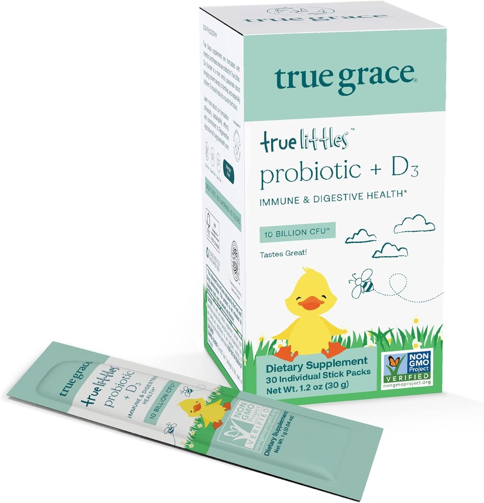 True Grace True Littles - 30 Paquetes de Pegatina Individual - Probiótico diario de los niños + vitamina D3 para la salud inmune y digestiva - Gluten, Soy &amp; Dairy Gratis - 30 Servings
