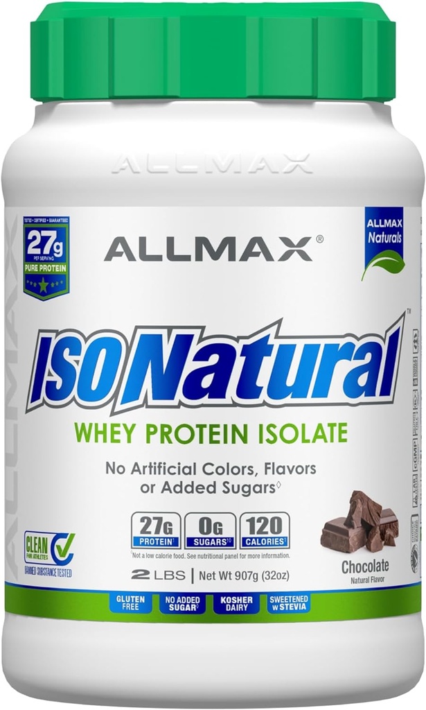 ALLMAX Nutrition ISONATURAL Whey Protein Isolate, Chocolate - 2 lb - 27 Gramos de Protein Por Scoop - Zero Fat & Azúcar - 99% Lactose Gratis - con Prebióticos - Sin Sabores Artificiales - 29 Servimientos