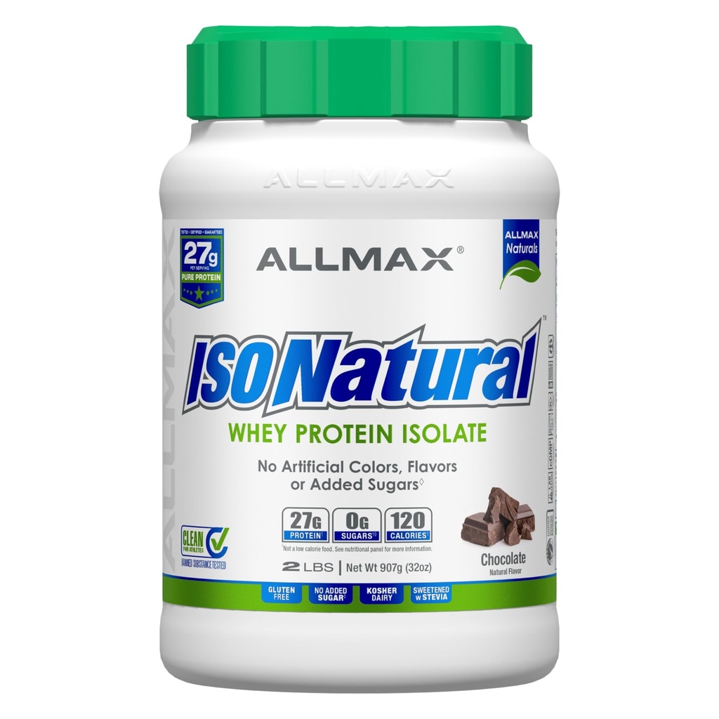 ALLMAX Nutrition ISONATURAL Whey Protein Isolate, Chocolate - 2 lb - 27 Gramos de Protein Por Scoop - Zero Fat & Azúcar - 99% Lactose Gratis - con Prebióticos - Sin Sabores Artificiales - 29 Servimientos
