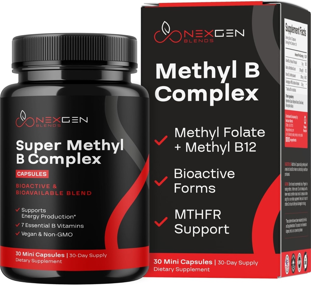 Complejo de vitamina B metilada Suplemento - Complejo de metil B bioactivo con folato de metil de 5 MTHF " Metilcobalamina B12 para energía del corazón cerebral " Homocisteína Apoyo - Complejo Super vitamina B (30 conteo)