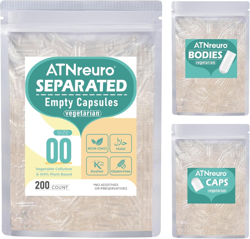 Superficies de vacío separados veganos Tamaño 00 (200 Conde), Cápsulas HPMC Vacío para relleno de suplemento de bricolaje