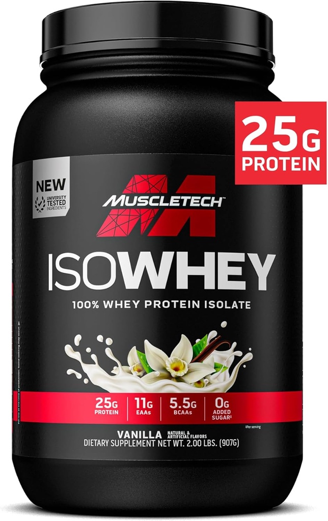 MuscleTech ISO Whey Isolate Protein Powder, Vainilla - Post Workout Gym Suplemento para la ganancia del músculo magro, Body Building Weight Gainer &amp; Recovery - 25g Protein, BCAA, EAA &amp; 0 Añadido Sugar - 2lbs