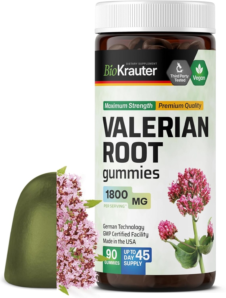 BIO KRAUTER Valerian Root Gummies - 1800 mg Strength - 90 Vegan Chews - No Melatonin - Soporte Relax &amp; Calmness - Valerian Root Extract