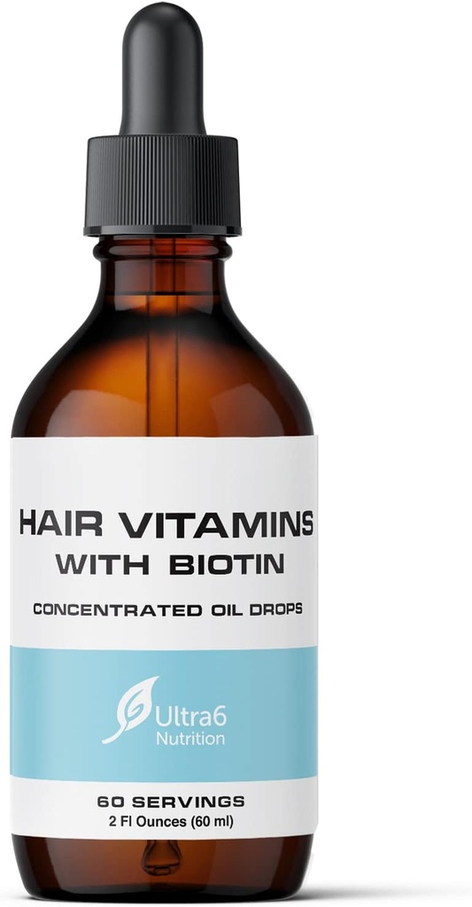 Ultra6 Nutrición Biotina líquida con vitaminas para el cabello - Vitamina C, E, B6 &amp; Aceite de coco orgánico - Biotina líquida para el cabello, la piel, las uñas y el apoyo a la inmunidad