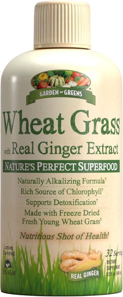 Garden Greens Wheat Grass Liquid with Real Ginger Extract, Nature's Perfect Superfood, 32 porciones