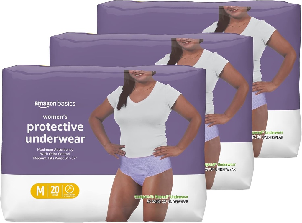   Basics Incontinence Underwear for Women, Protective, Disposable, Postpartum, Maximum Absorbency, Medium, Lavender, 60 Count (3 Packs of 20)
