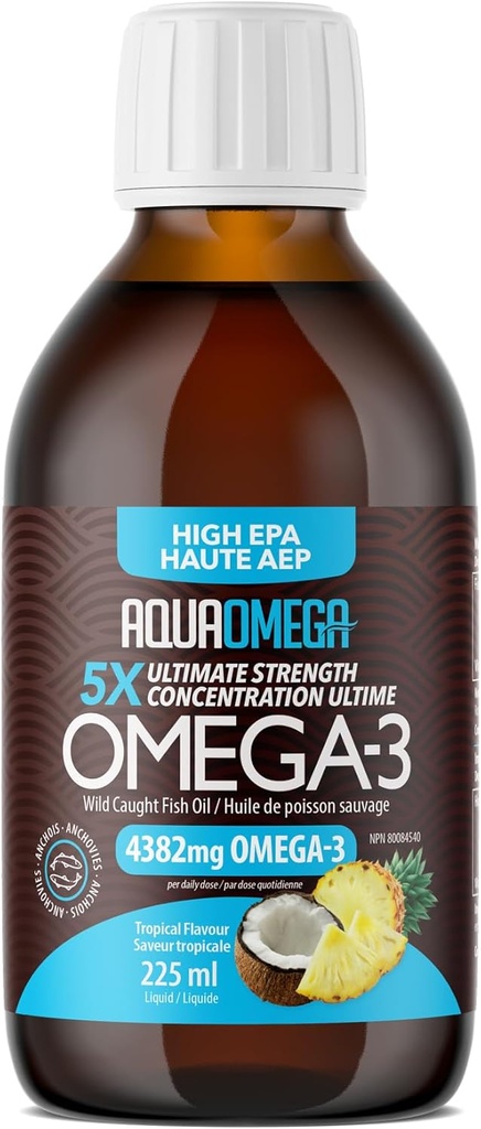 5X Ultimate Strength Liquid Fish Oil Supplements, Wild Caught Omega 3 Fish Oil Liquid, High EPA & DHA Omega3 Fatty Acids, Omega 3 Supplement with Vitamin D, 7.60floz, Tropical Flavor